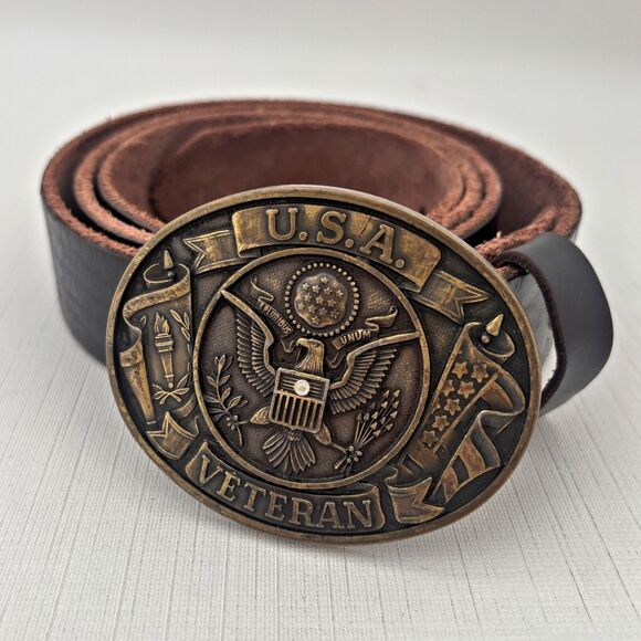 USA Seal Veteran Collector XL Full Grain Leather Belt Solid Brass Buckle Vintage